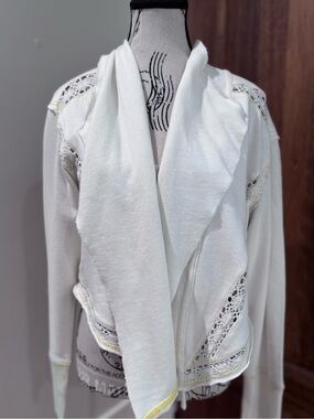 We The Free Cream Lace-Panel Draped Open Front Jacket